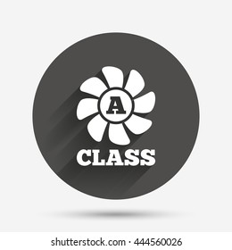 A-class ventilation icon. Energy efficiency sign symbol. Circle flat button with shadow. Vector