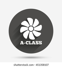 A-class ventilation icon. Energy efficiency sign symbol. Circle flat button with shadow. Vector