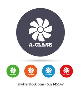A-class ventilation icon. Energy efficiency sign symbol. Round colourful buttons with flat icons. Vector