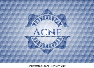Acne blue badge with geometric pattern.