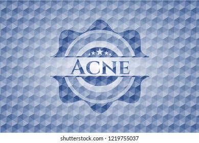 Acne blue emblem with geometric pattern background.