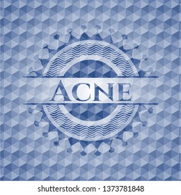 Acne blue emblem with geometric pattern background.
