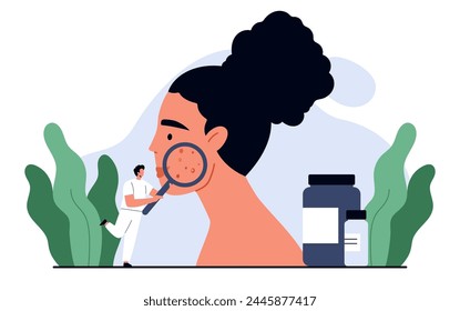 Akne-Konzept. Hautarzt hält Lupe und untersucht Akne im Gesicht der Frau. Hautproblem, Dermatologie und Hautpflege. Isolierte Vektorillustration im Cartoon-Stil