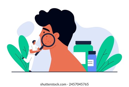 Acne concept. Dermatologist doctor holding magnifying glass and examining acne on man face. Skin problem, dermatology treatment and skincare. Isolated vector illustration in cartoon style