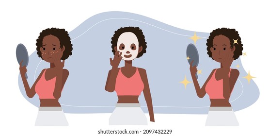 Acne concept.pimples. skin problems. African american woman is worried about her face getting acne. mark sheet. getting better .Flat vector 