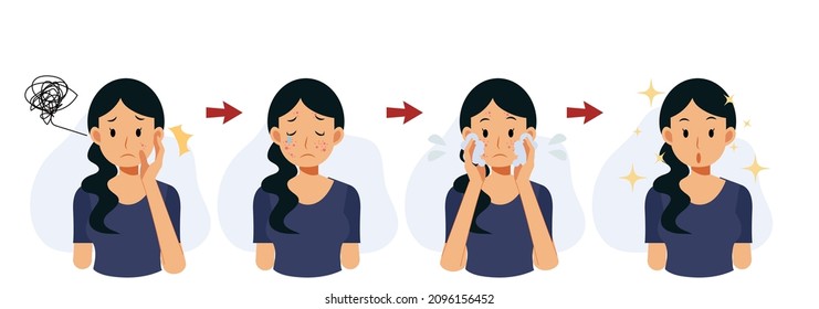 Acne concept.pimples. skin problems. step of Clear of acne. cleaning face.Flat vector cartoon character illustration.