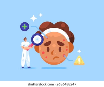 acne face concept. treatment and medication. clinic and consultation. skin problems and diseases. illustration of a dermatologist analyzing and diagnosing acne on a woman's face. flat style design