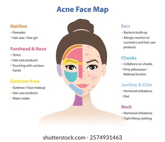 Acne face map on woman face vector illustration isolated on white background. Diagram of acne causes on face chart. Hairline, forehead, nose, eyebrow area, ears, cheeks, jawline, chin and neck.