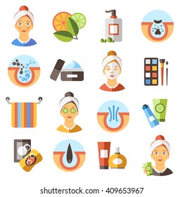 Acne Flat Icon Set to the causes acne and how to combat them spa treatments and make-up vector illustration