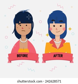 acne girl become pretty girl. beautiful concept. before and after - vector illustration