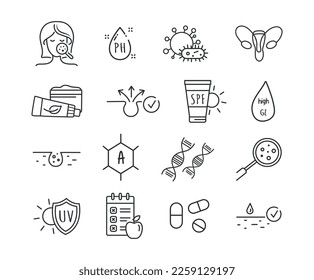 Acne icons set. Collection of graphic elements for website. Skin care, blackheads, cosmetics and spa treatments. Creams and sprays. Cartoon flat vector illustrations isolated on white background