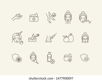 Acne line icon set. Female face, massage, peeling, cream. Skin care concept. Can be used for topics like beauty salon, cosmetology, cleaning, problem