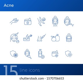 Acne line icon set. Female face, massage, peeling, cream. Skin care concept. Can be used for topics like beauty salon, cosmetology, cleaning, problem