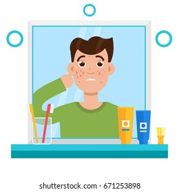 Acne men. Shocked men in mirror reflection. Vector illustration.