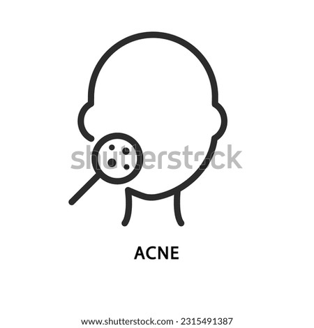 Acne on the face flat line icon. Vector illustration pimples through a magnifying glass. Allergy symptom.