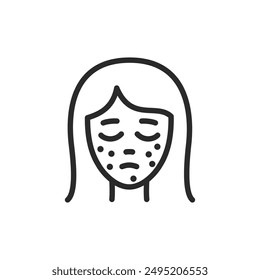 Acne on face, linear style icon. Sad woman with acne. skin condition. Editable stroke width