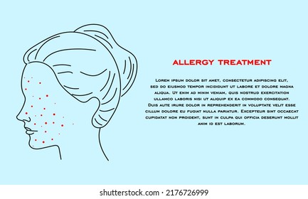 Acne on Face, template banner. Allergy treatment, skin problems concept. Female face with acne on a white background in a line design. Medical banner Vector illustration.