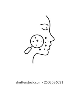 acne on skin face icon, pimple inflammation, dermatology or skincare, block pores problem, clean dermis, wrinkle mask, thin line symbol on white background