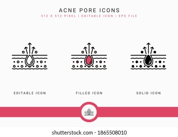 Acne pore icons set vector illustration with solid icon line style. Layer skin inflammation concept. Editable stroke icon on isolated background for web design, user interface, and mobile application
