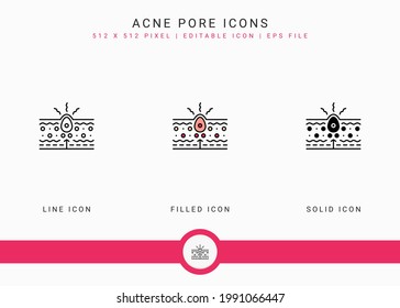 Acne pore icons set vector illustration with solid icon line style. Skin inflammation dermatology concept. Editable stroke icon on isolated background for web design, infographic and UI mobile app.