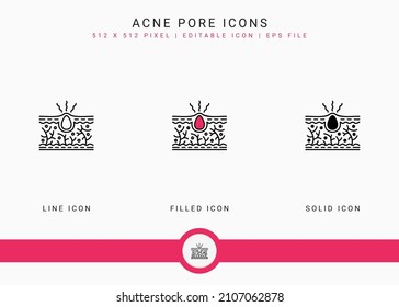 Los iconos de acné pore establecen la ilustración vectorial con estilo de línea de icono sólido. Concepto dermatológico de inflamación cutánea. Icono de trazo editable sobre fondo aislado para diseño web, infografía y aplicación móvil de interfaz de usuario.