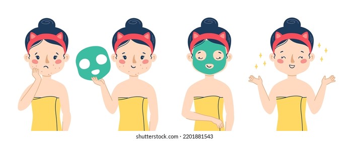 Acne skin care step by step. Using a sheet mask. Vector set. Cute girl illustration isolated on white background