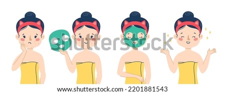 Acne skin care step by step. Using a sheet mask. Vector set. Cute girl illustration isolated on white background