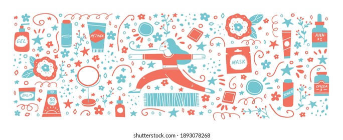 Acne treatment concept. Banner template. Skincare and dermatology elements set. Teen girl doing her routine and rituals such as yoga, mask, retinoids. Vector illustration in a doodle style