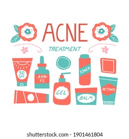 Acne treatment concept. Skincare and cosmetics elements. Toner, retinoids, serum, cleanser, acid and sunscreen. Dermatology and self care. Vector illustration in a doodle hand drawn style