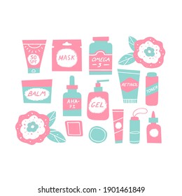 Acne treatment concept. Skincare and cosmetics elements. Water, omega-3, retinoids, serum, cleanser and sunscreen. Dermatology and self care. Vector illustration in a doodle hand drawn style