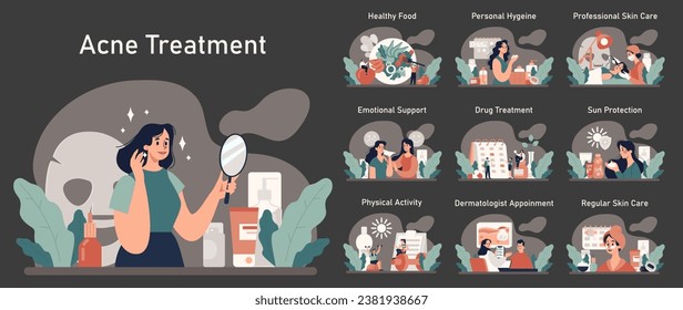 Acne treatment dark or night mode set. Dermatology and cosmetology diagnosis and care. Healthy facial skin tips. Blackheads and pimples treatment process. Flat vector illustration