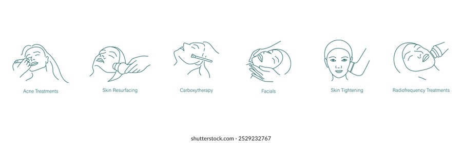 Tratamento de acne, recobrimento cutâneo, carboxiterapia, faciais, aperto cutâneo e ícone de tratamento de radiofrequência definido para soluções completas de cuidados da pele