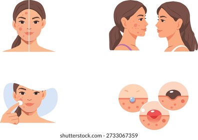Vector de tratamiento del acné establecido antes y después del proceso de cuidado de la piel