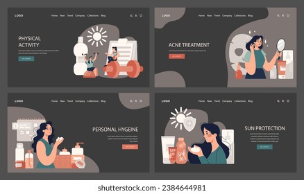 Acne treatment web banner or landing page dark or night mode set. Dermatology and cosmetology diagnosis. Healthy facial skin tips. Blackheads and pimples treatment process. Flat vector illustration