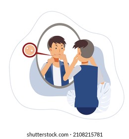 Acne treatment.A man squeezing his pimple, looks his reflection in the mirror and getting angry due to acne problem. Acne treatment. Flat Vector cartoon character illustration