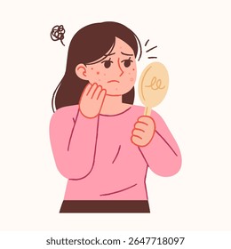 Mulher acne olhando no espelho. Ilustração de problemas de pele.