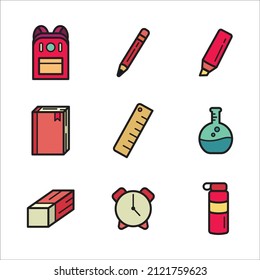Acollection of icons with the theme of school supplies and using a modern colored line design style, for your commercial purposes