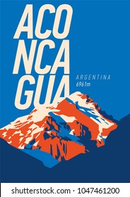 Aconcagua in Andes, Argentina outdoor adventure poster. High mountain illustration.