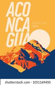 Aconcagua in Andes, Argentina outdoor adventure poster. High mountain at sunset illustration.