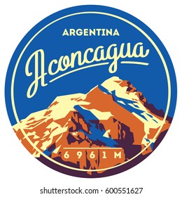 Aconcagua in Andes, Argentina outdoor adventure badge. High mountain illustration.