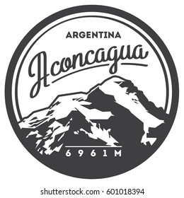 Aconcagua in Andes, Argentina outdoor adventure badge. High mountain illustration. Climbing, trekking, hiking, mountaineering and other extreme activities logo template.