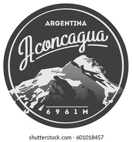 Aconcagua in Andes, Argentina outdoor adventure badge. High mountain illustration. Climbing, trekking, hiking, mountaineering and other extreme activities logo template.