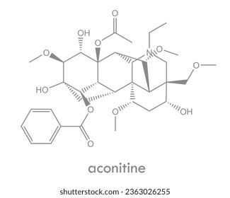 Aconitine structure. Molecule of alkaloid toxin found in wolfsbane and other plants.