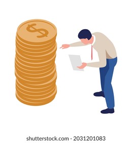 Acoounting isometric icon with man counting coins 3d vector illustration