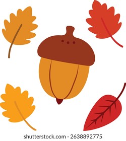 acorn and autumn leaves doodle on white background