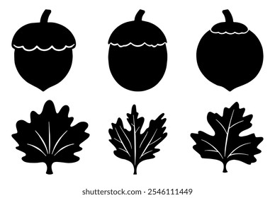 Acorn autumn leaves Silhouette. Flat Vector Illustration