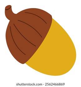 Acorn, autumn oak nut with cap. Fall seasonal natural botanical design element. Forest decor. Oaknut shell, autumnal decoration. Flat graphic vector illustration isolated on white background