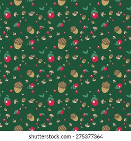 Acorn, berry and mushroom pattern deep green color
