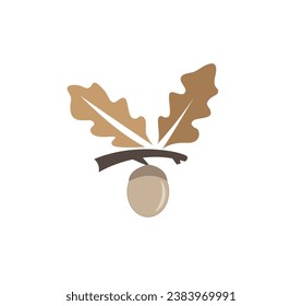 Acorn with Branch and Leaves Isolated on White.