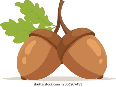 Acorn cartoon. Brown acorn cartoon. Autumn cartoon. Digital art illustration. Vector acorn, oak fruit illustration in flat style